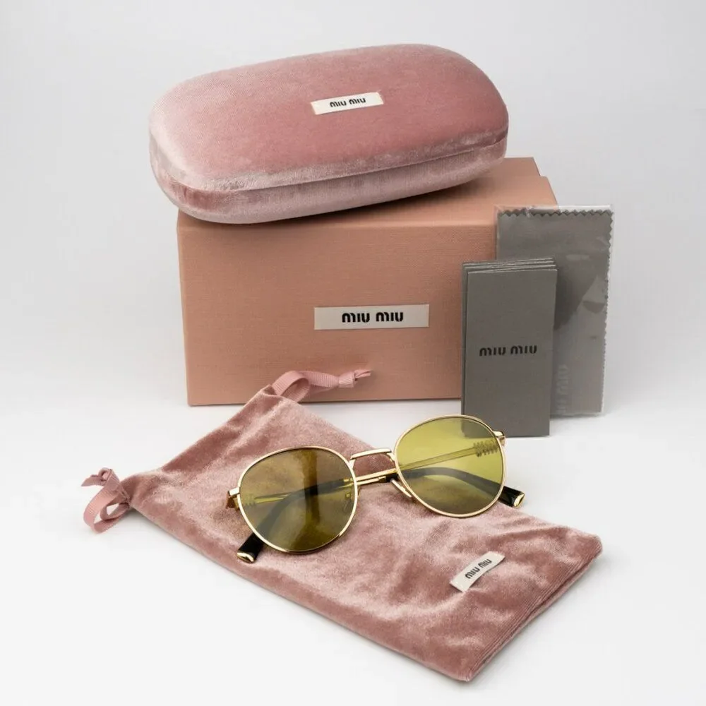 NEW Miu Miu MU55ZS 5AK07O Gold Olive Green Round Unisex Sunglasses 0MU 55ZS